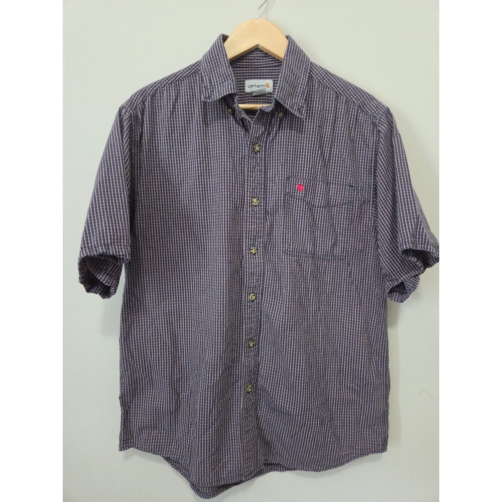 Carhartt Mens Large Short Sleeve Button Down Plaid Shirt Navy Red Cotton Pocket